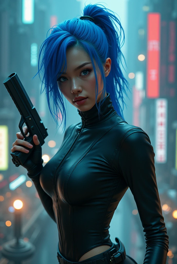 CYBERPUNK,EDGERUNNERS,blue hair,asian woman holding a gun in a city with a skyscraper in the background, trinity from the matrix, trinity the matrix, in the new matrix movie, dramatic wielding gun pose, neo from the matrix, from matrix(1999), from matrix ( 1 9 9 9 ), matrix), matrix ), agents from the matrix movie, matrix movie color grading
