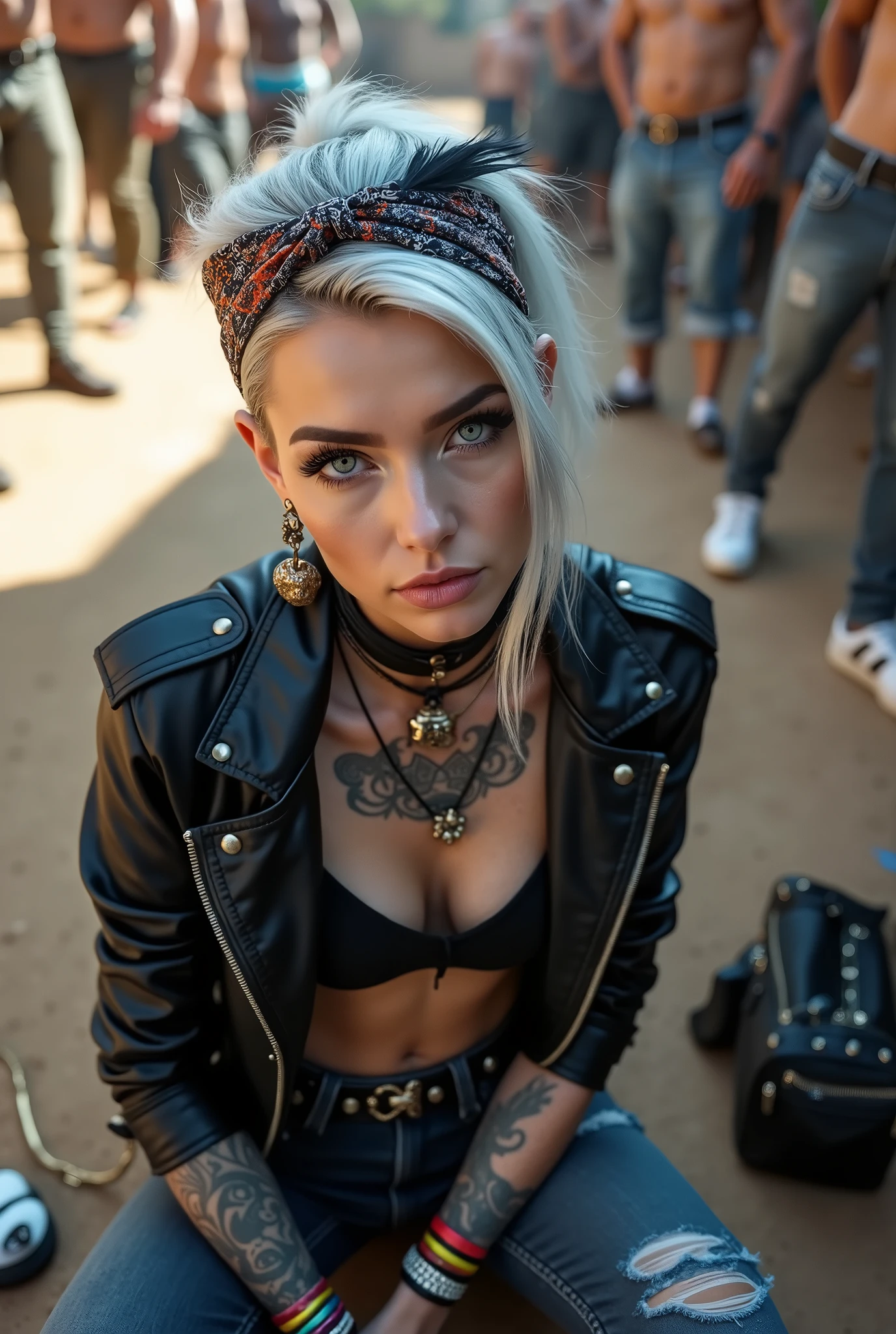 russian milf woman, grey hair (middle part, shaved sides, ponytail) and oversize colourful bandana as headband, with very light blue eyes, extremely pale. Wearing  cropped black cracked moto jacket with lots of zippers and pins, black push up bra with white seams, dark skinny blue jeans with holes in knees. Dirty white tennis sneakers  . Studded Choker. Lots of metallic bracelets and  colourful collars. Tacky wide studded leather belt with oversized skull and bones buckle. Long bohemian earrings with feathers. Squatting like in a payer, looking at the camera. Shy, humble facial expression. Hands on her knees,  studded black leather tote bag with chains next to her  Listening in amazement to somebody speaking to her, Toned abdominals, thin neck, slim legs and thin arms. Chest, neck and hands tattoed heavily.  Dirt road in Kenia village, crowded with shirtless men in jeans. next to her, coins , mobile, lipstick, makeup kit and sunglasses and all her belongings scattered on the floor