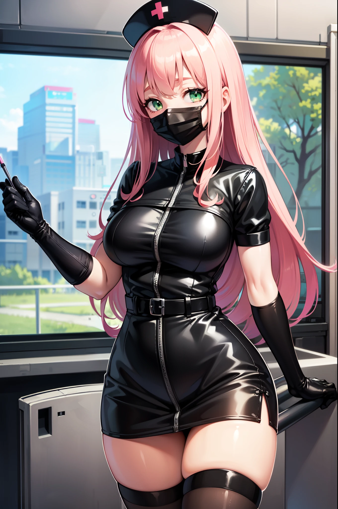 black nurse, 1girl, solo, black nurse cap, black nurse uniform, ((black legwear, zettai ryouiki)), black elbow gloves, pink hair, green eyes, drooping eyes, ((black surgical mask, covered nose)), standing, ((surgery room)), sharp outline, short sleeves, best quality, masterpiece