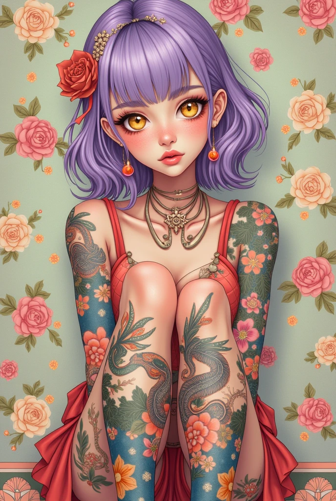 A mesmerizing surreal illustration of a young japanese woman. She has pastel purple hair with blunt bangs, yellow eyes, and wears a vibrant pastel colored outfit adorned with intricate floral patterns. Freckles dot her smooth, warm complexion, and bold, colorful tattoos cover her arms and legs. The tattoos feature traditional Japanese motifs like flowers and mythical creatures, rendered with meticulous detail in a pastel color palette. The background is a vintage floral-patterned wallpaper that complements the artwork's colors. The line work is precise, with delicate shading that gives the illustration a 3D quality. The artwork fuses modern illustration techniques with traditional Japanese aesthetics, resulting in a visually striking,