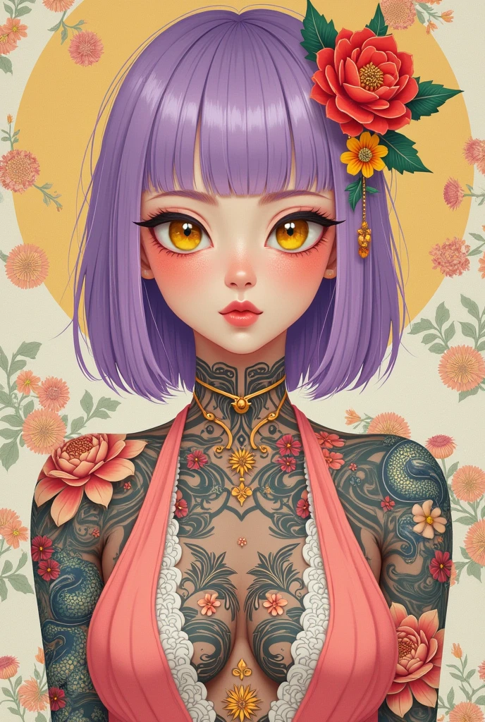 A mesmerizing surreal illustration of a young japanese woman. She has pastel purple hair with blunt bangs, yellow eyes, and wears a vibrant pastel colored outfit adorned with intricate floral patterns. Freckles dot her smooth, warm complexion, and bold, colorful tattoos cover her arms and legs. The tattoos feature traditional Japanese motifs like flowers and mythical creatures, rendered with meticulous detail in a pastel color palette. The background is a vintage floral-patterned wallpaper that complements the artwork's colors. The line work is precise, with delicate shading that gives the illustration a 3D quality. The artwork fuses modern illustration techniques with traditional Japanese aesthetics, resulting in a visually striking,