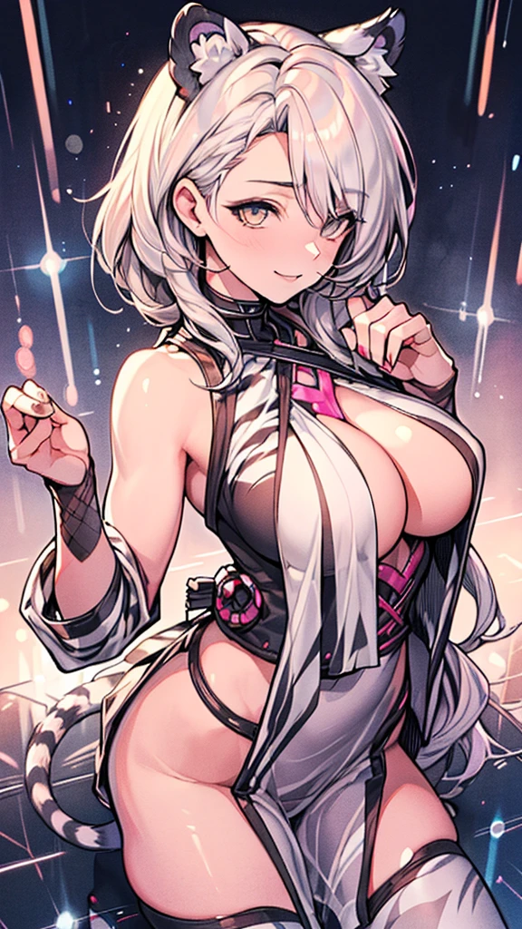erotic sexy, 1 mature woman, (masutepiece: 1.2), (Excessive skin shine and reflections: 1.5), (fully detailed), (very detailed and beautiful: 1.1), (white tiger tail, white tiger ears)erotic and sexy smile, gorgeous beauty, toned and muscular body, white tiger pattern clothes, random hairstyles, random sexy pose,