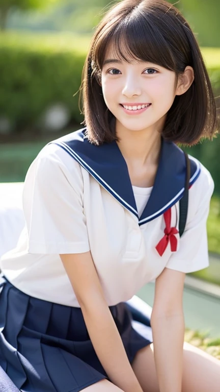(Highest quality), (Beautiful Japan), (Moisturized lips), Japanese women Narrow eyes, double eyelid, Delicate clavicle,((small and soft breasts)) ((Flat Chest , underdeveloped udder)), smile, (Spotted sunlight: 1.2), Professional Lighting, (Petite figure), (Sunburned skin: 0.2), Full body photo, Full Body Focus, (Kneel)、、Middle school students、Class Committee、Excellent Honor Student、Slender body、Summer clothes、Short sleeves with collar、Sailor suit、Navy blue mini skirt Boyish ultra-short hair、Red ribbon on chest、Shortcuts、Sports Bags Black Loafers White socks School Sitting on the bed in the nurse's office Spread your legs a little Panties in full view Bright sunlight from the window hands back ロープボンデージ