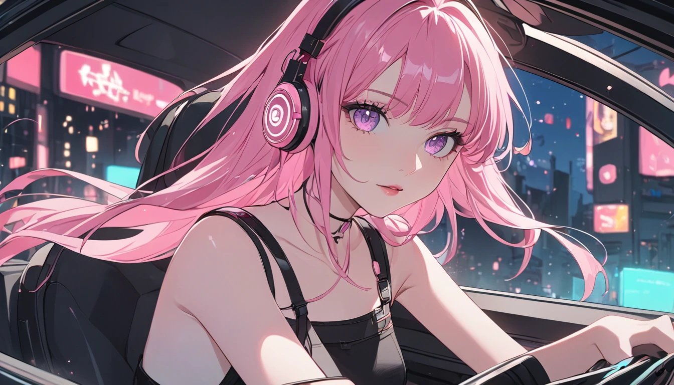 anime girl with pink hair wearing pink headphones, driving at night, anime styling 4 k, non-style artwork by guweiz, 8K anime art wallpaper, 4k anime art wallpaper, 4K anime art wallpaper, lofi portoRait, lofi girl, anime styling. 8k, melhor anime wallpaper 4k konachan, anime wallpaper 4k
