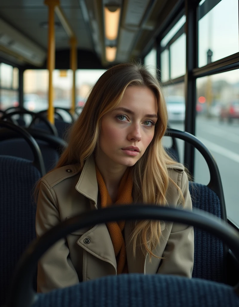 Une jeune femme assise dans un bus plein. Les yeux fermés