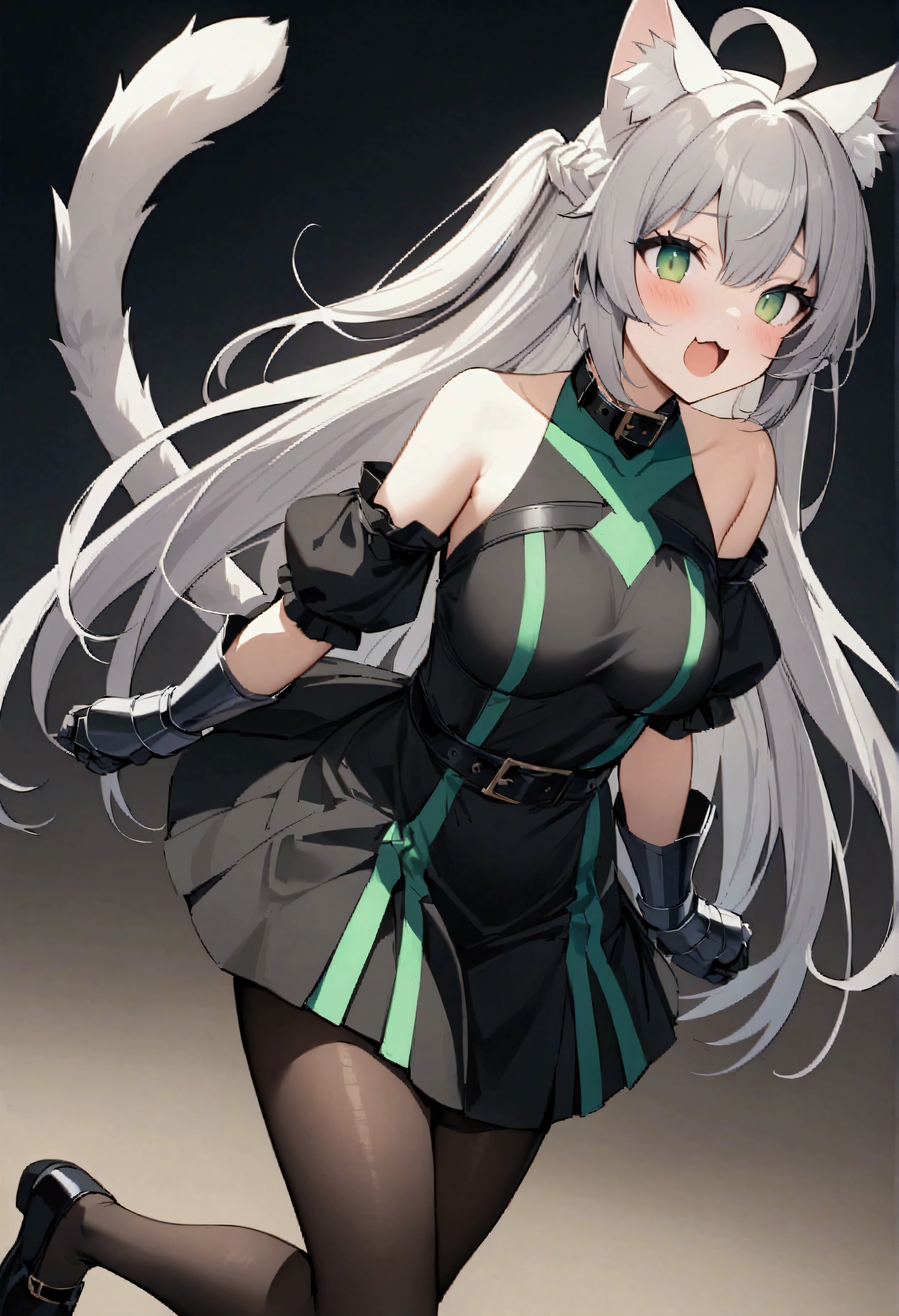 score_9、score_8_up、score_7_up、score_6_up、score_5_up、score_4_up、source_アニメ、1 person、solo、Atalanta、Green Eyes、Long narrow eyes、Grey Hair、Long Hair、Ahoge、Animal Ears、Cat ear、Cat tail、Belt collar、Black color、Black Dress、Bare shoulders、Removable sleeves、Gauntlet、Black Pantyhose、Black footwear、masterpiece、Highest quality、very beautiful、Absurd、