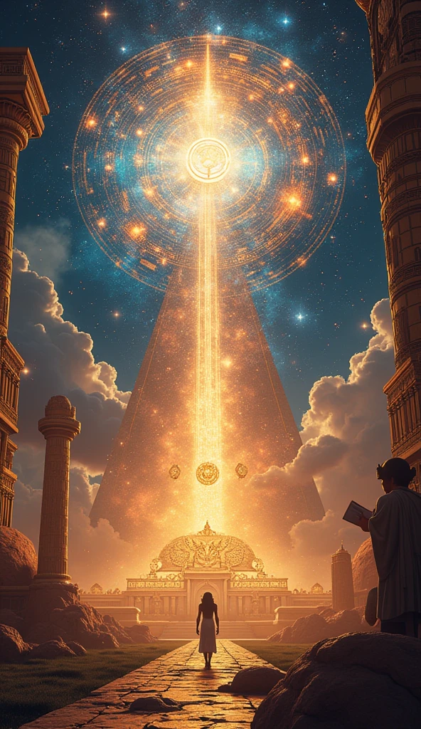 Design an image of a grand cosmic scene representing the establishment of order in the universe, with vibrant, intricate details and Egyptian symbols. The background should showcase a harmonious cosmic arrangement with the blurred silhouettes of Atum, Shu, and Tefnut, emphasizing their roles in the creation of order. Use masterpiece, best quality, CG, wallpaper, HDR, high quality, ultra detailed, cinematic, high detail, 8k, raw, high, artstation HQ, unreal engine, octane renderer, 4k resolution, hyperrealistic, highly detailed