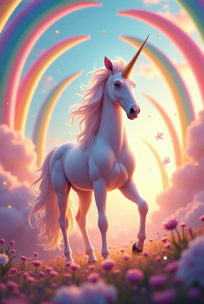 rainbow unicorn surrounded by several rainbows