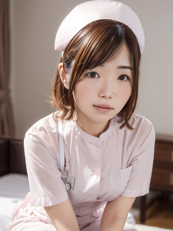 woman, alone, (Wearing white nurse clothes:1.2), Shortcuts, bangs, Upstyle, Black Hair, Iris, nurse, Perfect Anatomy, nurse uniform, ((Nurse cap)), ((White costume)), Long skirt, hospital, (close), Face close-up