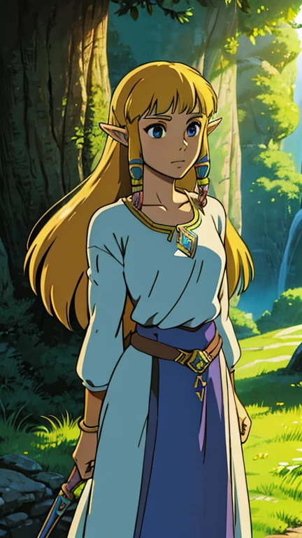 (1girl, solo, princess zelda), (extremely detailed CG unit 8k wallpaper),(master part), (best quality), (ultra detail), (best illustration),(ghibli style), cowboy shot, (Sharp eyeliner, ombre, detailed eyes:1), oasis, outdoors background, ,break,  (GHIBLI_Background), upper body, the legend of zelda, nintendo, sksw, white dress, hair tubes, hair ribbon,