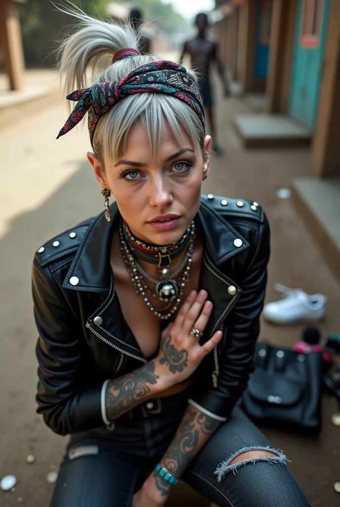 russian milf woman, grey hair (middle part, shaved sides, ponytail) and oversize colourful bandana as headband, with very light blue eyes, extremely pale. Wearing cropped black cracked moto jacket with lots of zippers and pins, black push up bra with white seams, dark skinny blue jeans with holes in knees. Dirty white tennis sneakers . Studded Choker. Lots of metallic bracelets and colourful collars. Tacky wide studded leather belt with oversized skull and bones buckle. Long bohemian earrings with feathers. Squatting like in a payer, looking at the camera. Shy, humble facial expression. Hands on her knees, studded black leather tote bag with chains next to her Listening in amazement to somebody speaking to her, Toned abdominals, thin neck, slim legs and thin arms. Chest, neck and hands tattoed heavily. Dirt road in Kenia village, crowded with shirtless men in jeans. next to her, coins , mobile, lipstick, makeup kit and sunglasses and all her belongings scattered on the floor