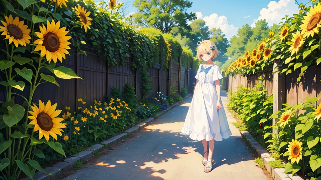Anime Style、cute、short hair、Blonde、blue eyes、Small breasts、garden、stroll、White dress、sunflower