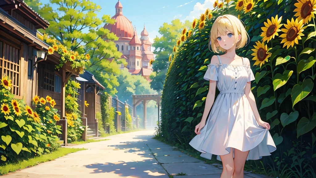 Anime Style、cute、short hair、Blonde、blue eyes、Small breasts、garden、stroll、White dress、sunflower