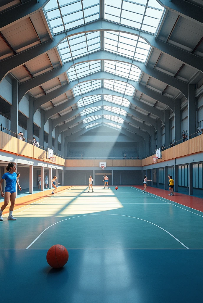 A basket ball court made of terrazzo flooring and metal steal housing and multi task with volleyball,net ball