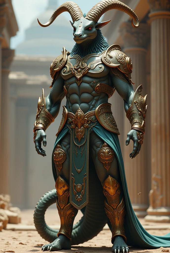 A dragon-human hybrid with a head and human parts.,with capricorn armor with escalubur,with the blessing of athens.