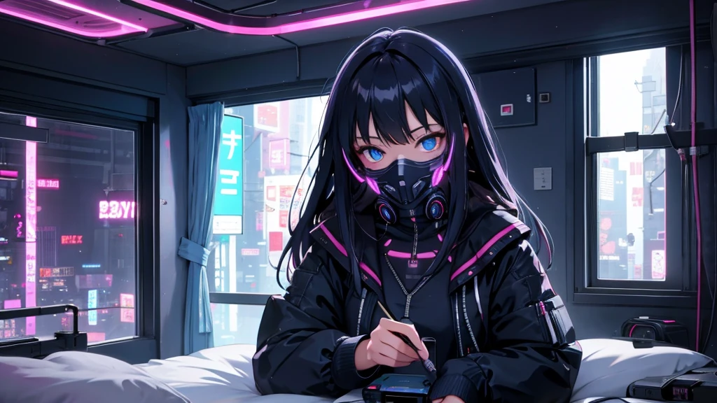 One person, alone, mask, Looking out the window, ,Relax in bed,Long Hair,, whole body, Black Hair, mouth mask, Holding, blue eyes, Long sleeve, A single room with a large window, , Halftone, cable,Neon Light,(cyber punk:1.2),