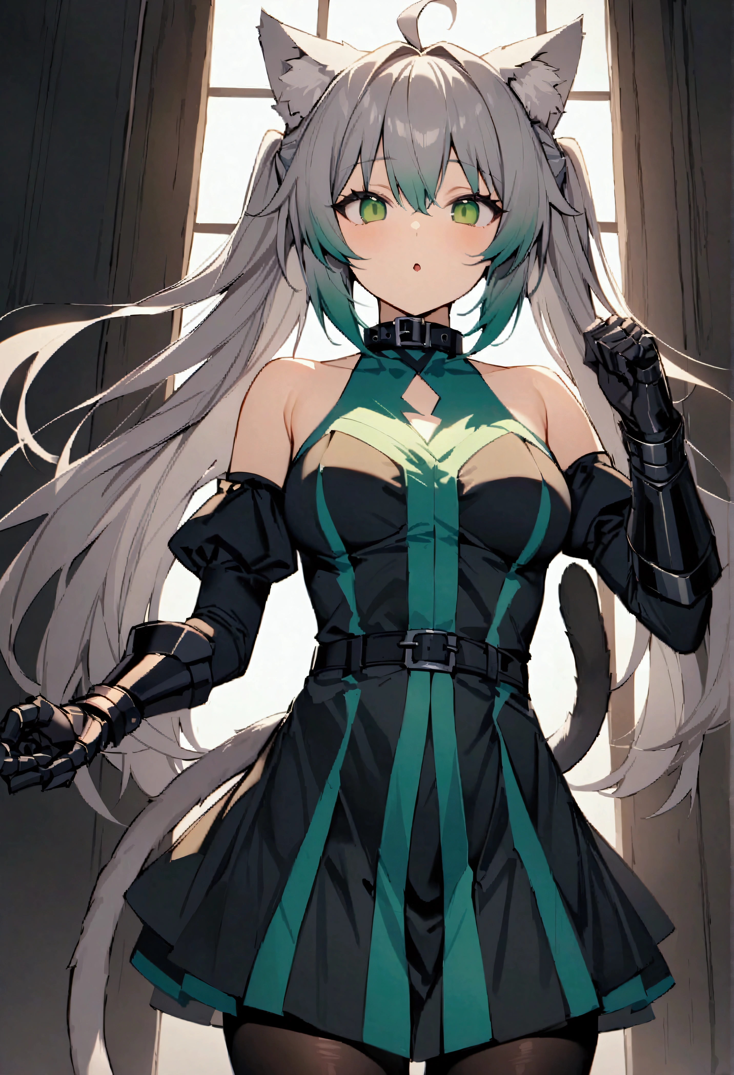 score_9、score_8_up、score_7_up、score_6_up、score_5_up、score_4_up、source_アニメ、1 person、solo、Atalanta、Green Eyes、Long narrow eyes、Grey Hair、Long Hair、Ahoge、Animal Ears、Cat ear、Cat tail、Belt collar、Black color、Black Dress、Bare shoulders、Removable sleeves、Gauntlet、Black Pantyhose、Black footwear、masterpiece、Highest quality、very beautiful、Absurd、