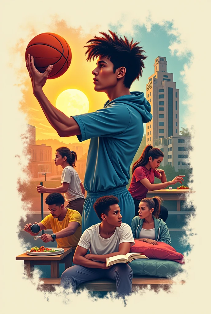 A poster placing someone playing basketball, weight training, studying, cooking, sleeping, listening to music.