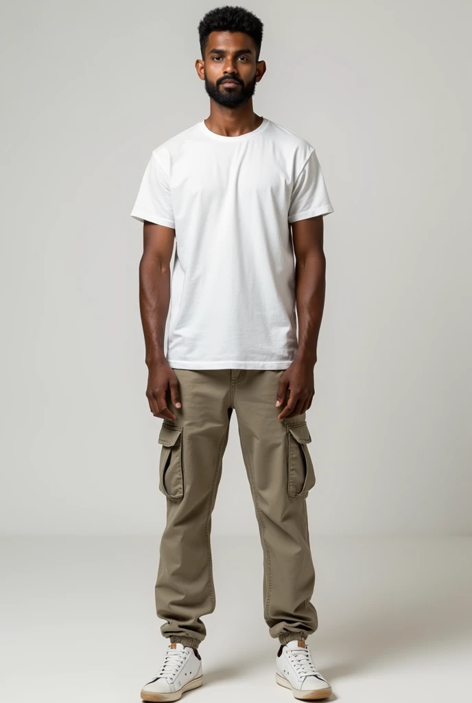 A lean skinny Indian guy ,aged ,wearing white t shirt , wearing cargo pants , grommed hairstyle , shown full body.