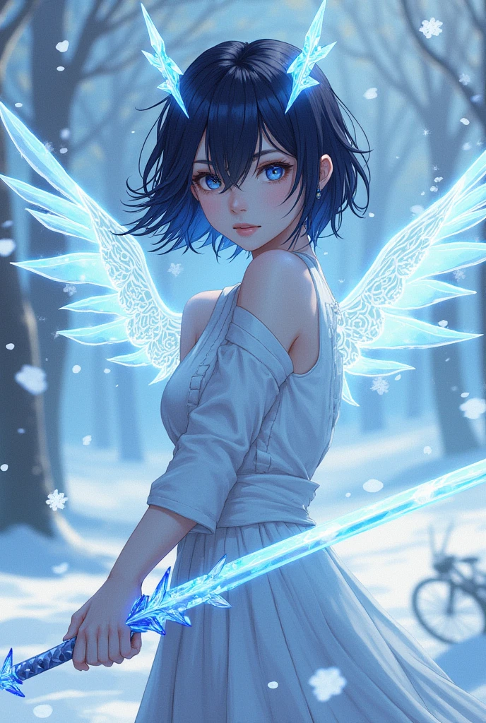 Create a manga version character with black hair blue eyes with star wings with an ice sword white clothes with blue with a mask and snow powers