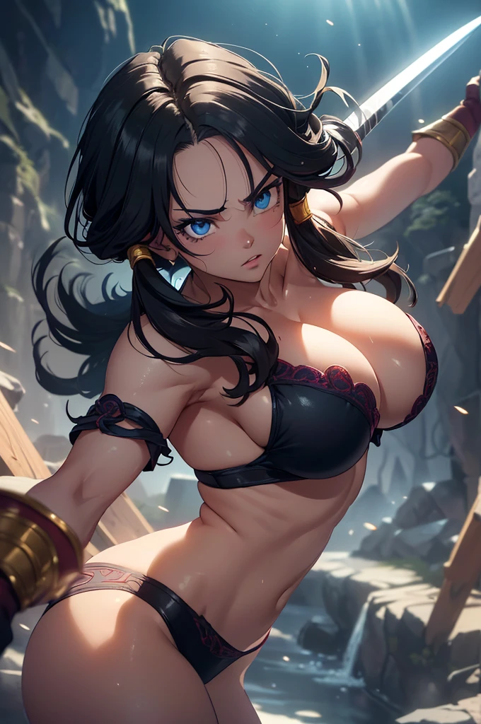 Highest quality,4K,High resolution,masterpiece:1.2), (Ultra-detailed), (Female swordsman with sword) (Dynamic Art), (He saw) (Dragon Ball Z setting), (pose), (Realist,photoRealist,photo-Realist:1.37), (High resolution,High resolution), (Portraiture), (Vibrant colors), (Long legs), (A noticeably elongated face), (Wide range) (Hermosos Fine grain), (Beautifully detailed lips), (Highly detailed eyes and face), , Bright eyes Dynamic angles and postures, Sweatびっしょり, Sweat, (Long eyelashes), (Sharp focus), (Physically Based Rendering), (Beautiful female warrior), (Large Breasts) (Leg spread), (intense), (expression of intense desire), (Motion Blur), (elegant), (Slim figure), (Inspired by anime), (Bright light), (Cinema Lighting), (Contrasting colors), (Mysterious atmosphere), (Action-packed scenes), (Unique Look), (impressive), (good looking), (Exciting), (Expressive), (Interesting atmosphere), (Huge breasts:1.2) ((Highest quality)),((Very detailed)),masterpiece,Absurd,Detailed face,Beautiful Face,(Fine grain, Deep Eyes),(1 person),((Dynamic pose)), Bikini Armor,Inside the cave,In battle with monsters,