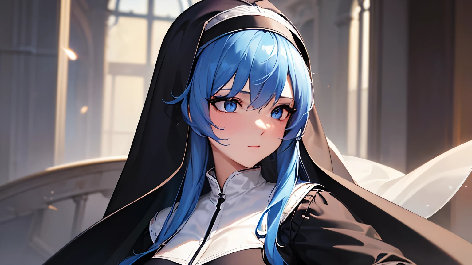 masterpiece, best quality, (extremely detailed CG unity 8k wallpaper), (best quality), (best illustration), (best shadow), absurdres, realistic lighting, High definition, Lady, solo, nun, loose outfit, prim, long veil, topaz blue eyes, perfect face, elegant, (topaz blue hair: 1.2), proper pose, effect background, art by guweiz