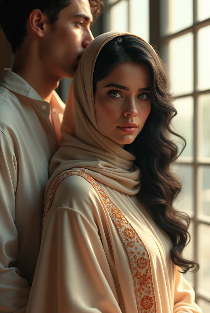 Create an image: a beautiful girl, human, blue eyes and freckles on her face,with black hair, big fit ass , orange highlights, and curly. with black hijab clothes, looking at a window and a boy with brown eyes and hair and white clothes next to her