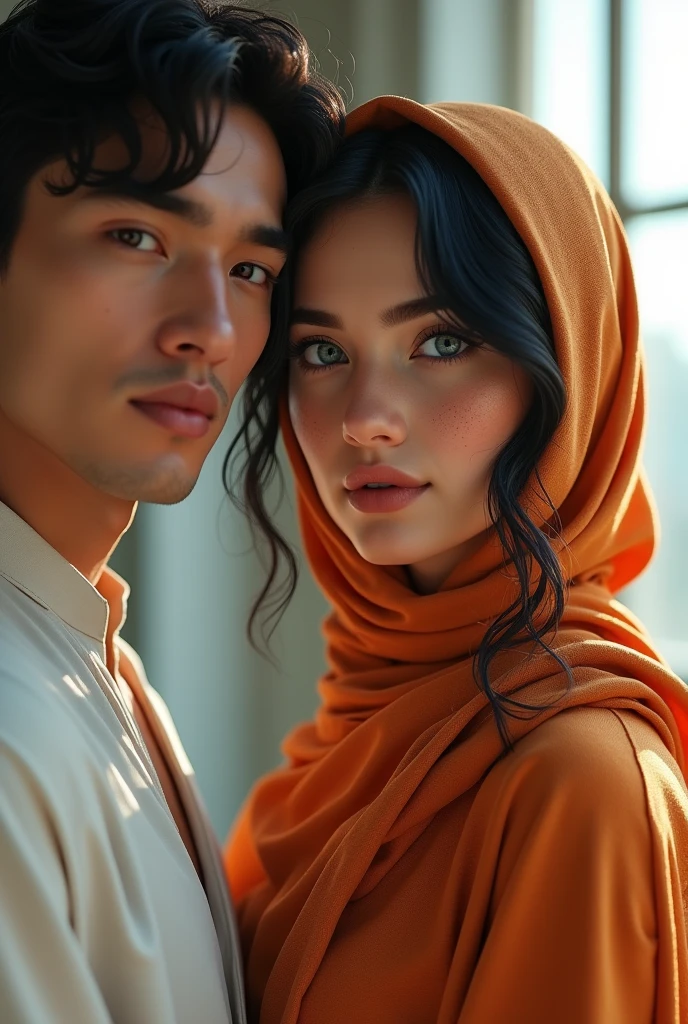 Create an image: a beautiful girl, human, blue eyes and freckles on her face,with black hair, big fit ass , orange highlights, and curly. with black hijab clothes, looking at a window and a boy with brown eyes and hair and white clothes next to her