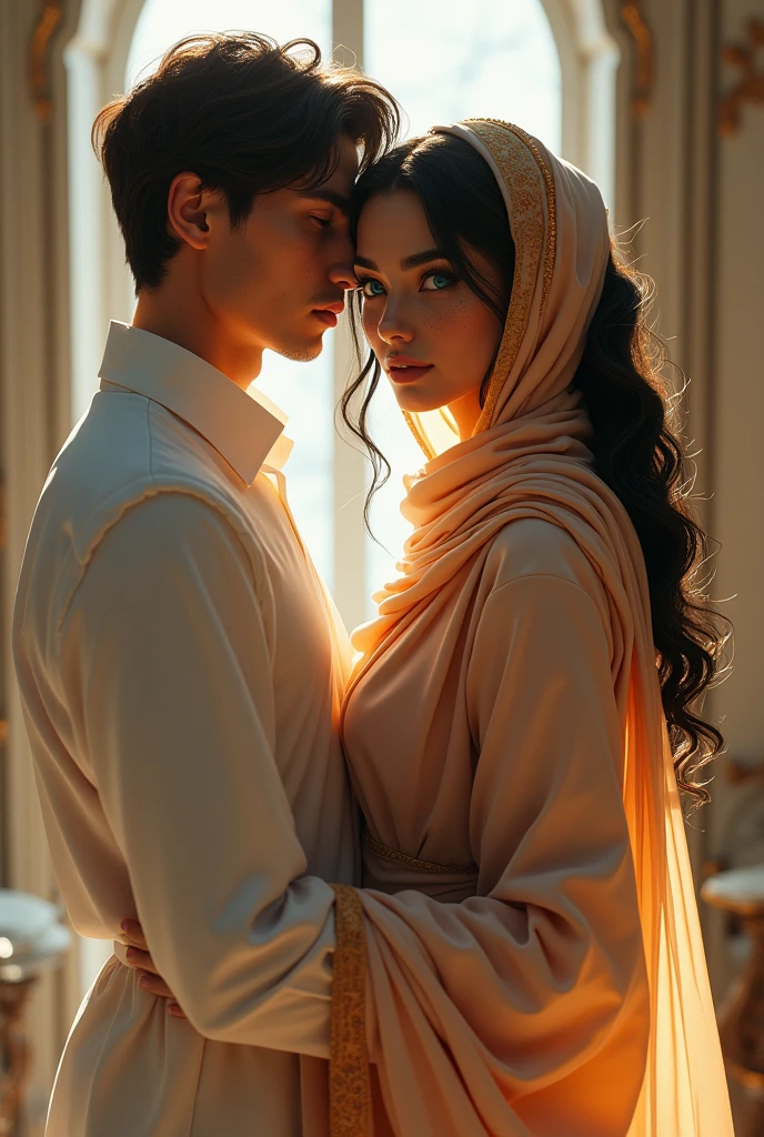Create an image: a beautiful girl, human, blue eyes and freckles on her face,with black hair, big fit ass , orange highlights, and curly. with black hijab clothes, looking at a window and a boy with brown eyes and hair and white clothes next to her