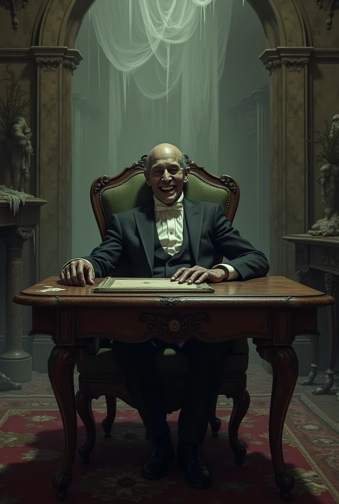 A dead body sitting on table smiling in an old mansion

