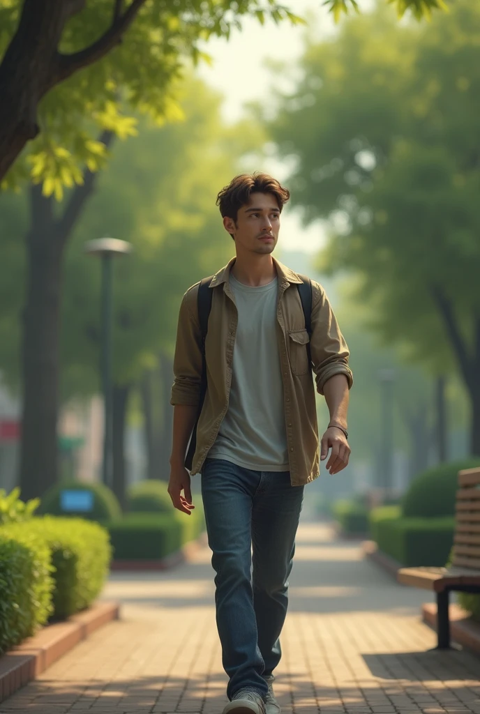 A young man walk and talk about he tired