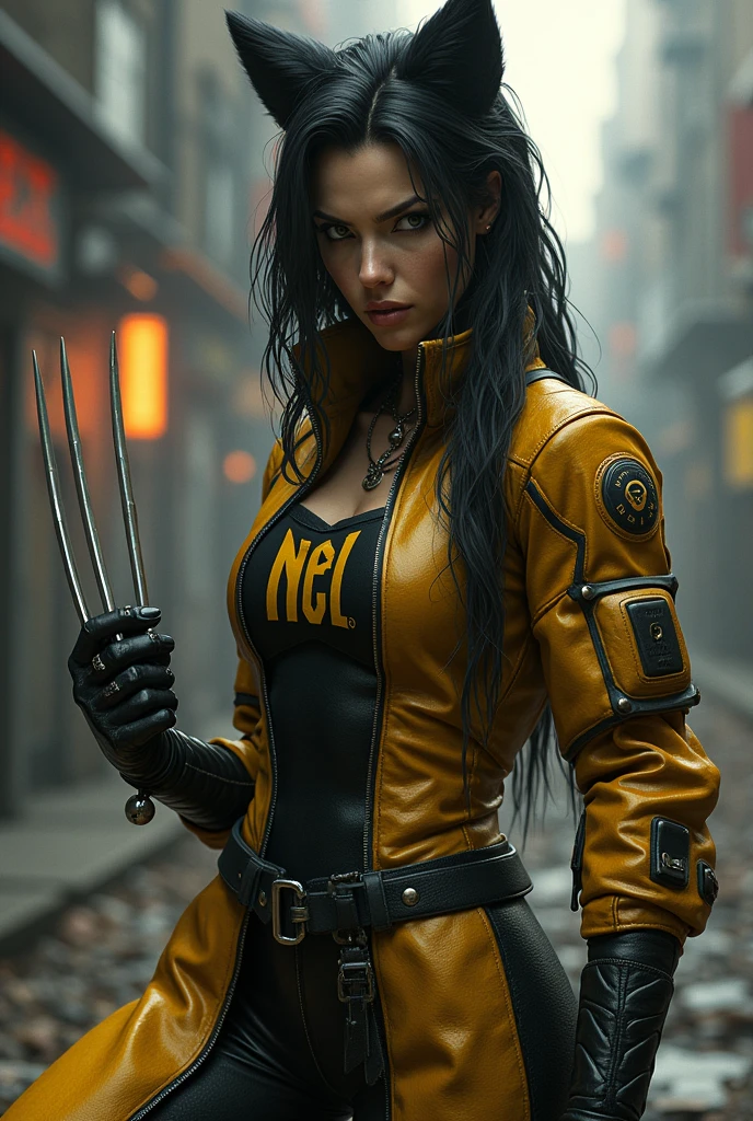 Generate a woman assassin
Weapon: wolverine claws X in right hand.
Color: gold and black
Outfit:cybordpuck with very clear and not hidden print "NEL".
Background:realistic
Photo size: 11 x 14
