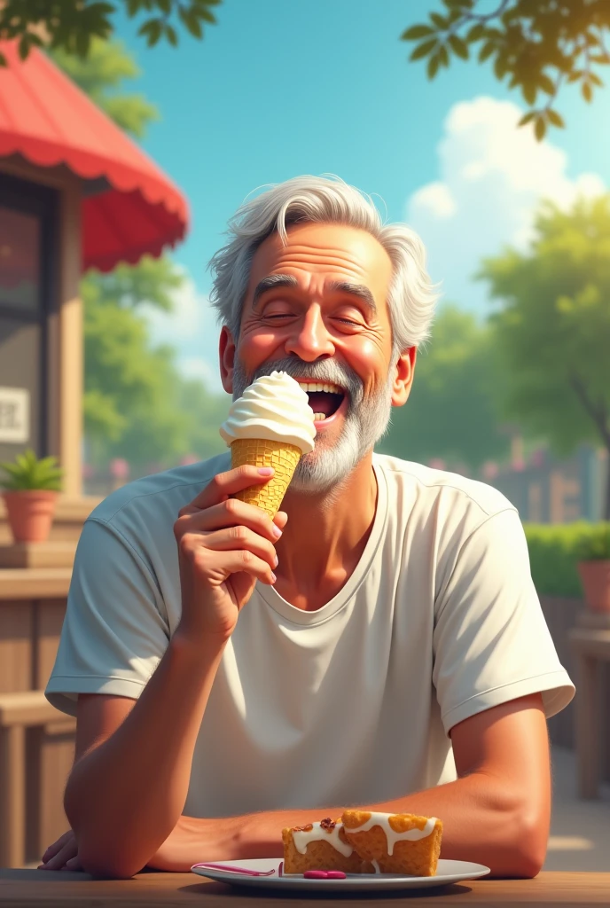 A man happily eating ice cream