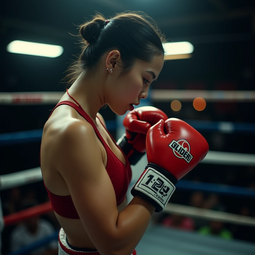 full body shot. a female muay Thai fights, muay Thai rings, brutal fight, fierce fight. cinematic shot. 35mm film, cinematic. bokeh.