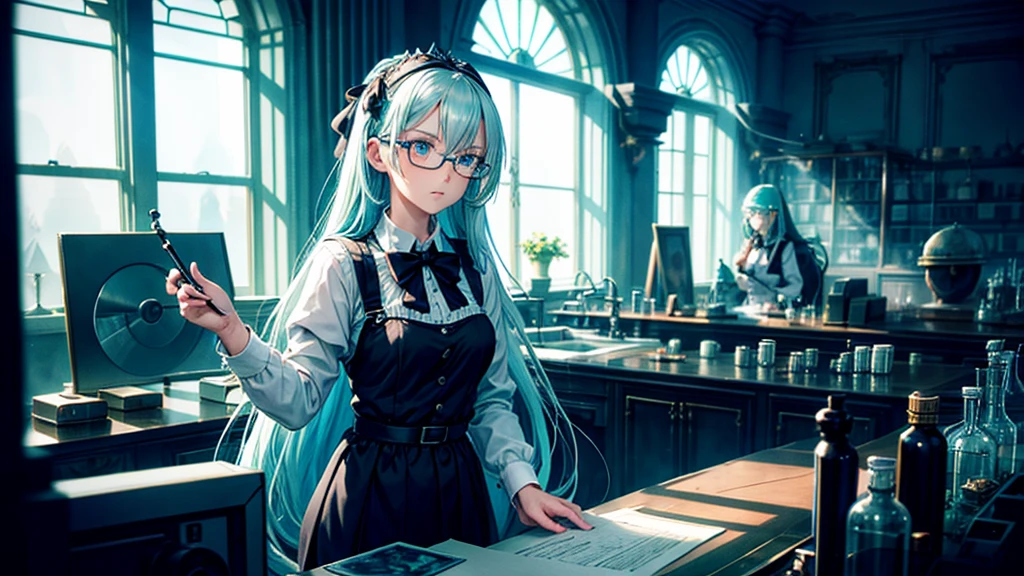 1girl, a beautiful scientist girl, serious expression, (grayhaircolor:1), long hair, cyan eyes, glasses, white gothic dress, black bow tie and ribbon, ancient roman laboratory background, full of glass bottles and lab equipment, colorful windows, (darkroom:1.5), anime, fantasy, ancient roman style, Deviant Art, focus, masterpiece, sharp focus, 8k, classical, [fog:0.5], [windowlight:1.1