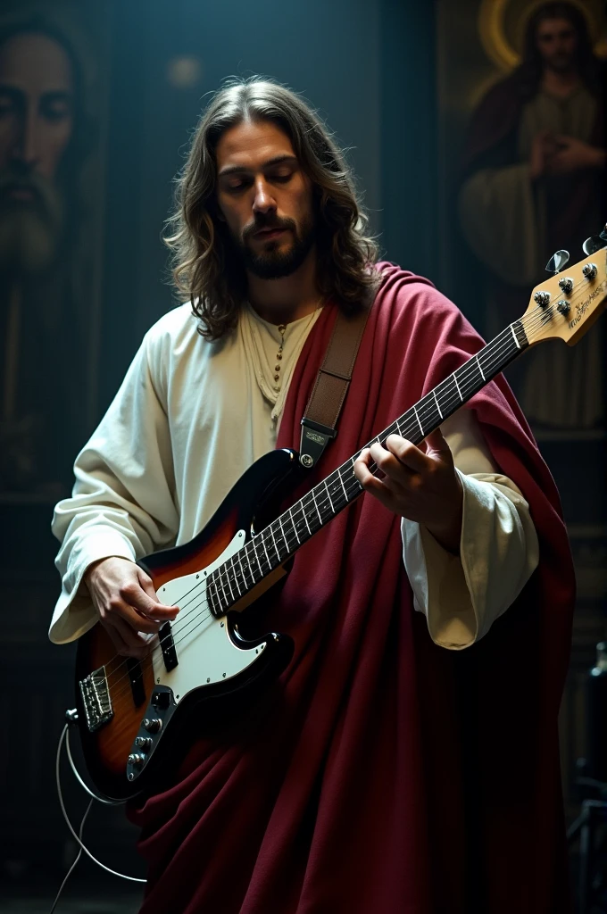 Jesus playing an eletric bass