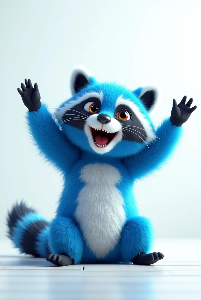 A very happy raccoon with blue fur sitting on the floor with his arms up against a white background and the floor too