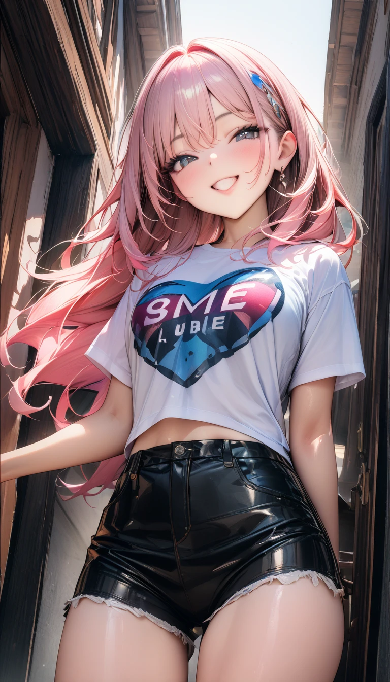 ((最high quality, 8k, masterpiece)), High resolution、（high quality: 1.5）、Very detailed、Detailed face、Bright colors、Natural light、Fine grain、Colorful eyes、Beautiful Face、Highly detailed face texture of a woman,masterpiece, 最high quality, Detailed and beautiful eyes,最high quality、Best image quality、masterpiece,girl,smile,From below,grin,(Brat),Pink Hair,Cute clothes,Printed shirt,Shorts,Just beautiful,masterpiece,(laugh at),最high quality、so beautiful,High resolution,1girl, solo,(masterpiece:1.2)、(最high quality:1.2)、Latest Glossy Skin