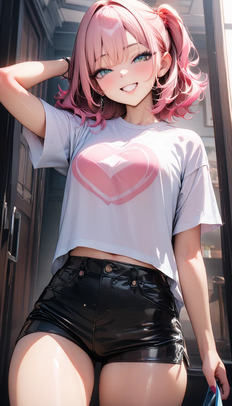 ((最high quality, 8k, masterpiece)), High resolution、(high quality: 1.5)、Very detailed、Detailed face、Bright colors、Natural light、Fine grain、Colorful eyes、Beautiful Face、Highly detailed face texture of a woman,masterpiece, 最high quality, Detailed and beautiful eyes,最high quality、Best image quality、masterpiece,girl,smile,From below,grin,(Brat),Pink Hair,Cute clothes,Printed shirt,Shorts,Just beautiful,masterpiece,(laugh at),最high quality、so beautiful,High resolution,1girl, solo,(masterpiece:1.2)、(最high quality:1.2)、Latest Glossy Skin