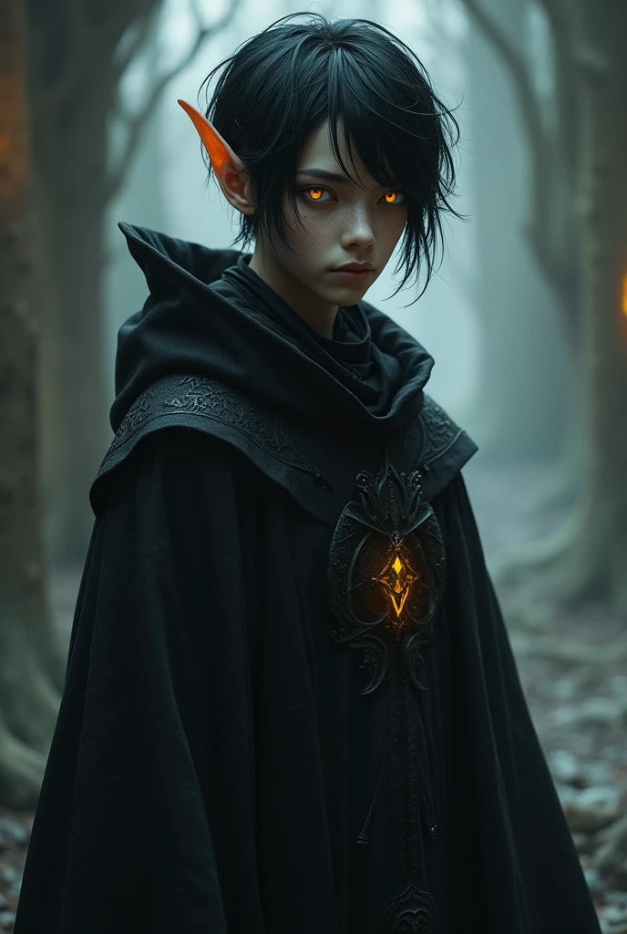 A shadar-kai elf character, gray-skinned, amber eyes, short black hair, black robes and a somewhat somber appearance, young adult