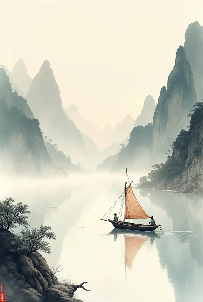 Chinese landscape painting,ink and watercolor painting,water ink,ink,Soil,Vision,Ultra-wide viewing angle,meticulous,Fishing boat scenery,meticulous,Soil,Low saturation,Low contrast,The boat has passed thousands of mountains,Beautifully depicted,detailed,Acura,masterpiece,masterpiece