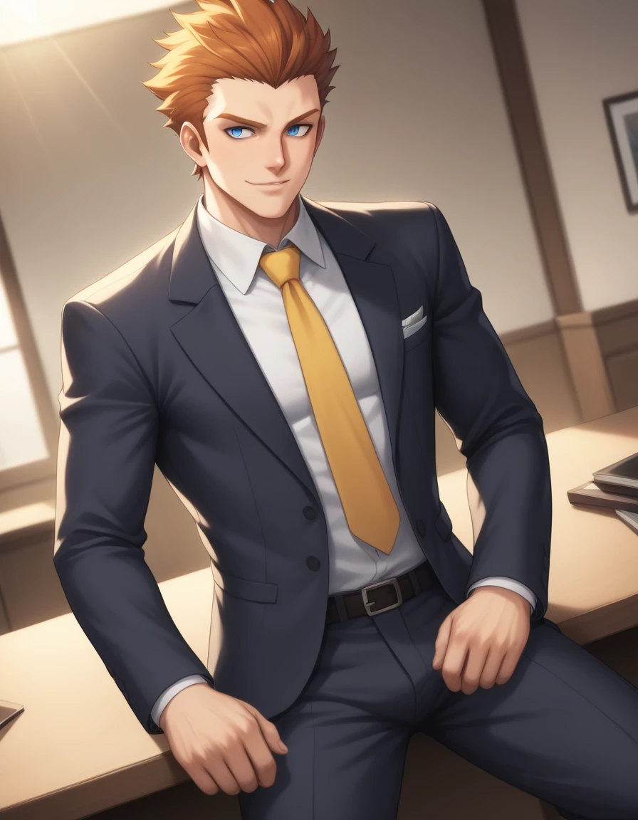 1man, dandy president, solid mature, spiked slicked back, darkblue eyes, businessman hairstyle, olive hair, ideal ratio body proportions, BREAK 50yo, bold producer, toned gentleman, ordinary, high cheekbones, broad shoulder, square shaped face, BREAK violet formal jacket, purplewhite shirt, yellow necktie, BREAK sexy smile, cool emotion, romance, BREAK solo, upperlegs, smart expression, visual novel, 2000s, in eroge style, in persona style, BREAK depth of field, dutch angle, cinematic shadows, cinematic lighting, lens flare, light leaks, texture, absurdres absolutely resolution, extreme all detailed, greatest painting, BREAK masterpiece, best quality, BREAK score_9, score_8_up, score_7_up, source_anime, rating_safe, score_6_up, score_5_up, score_4_up