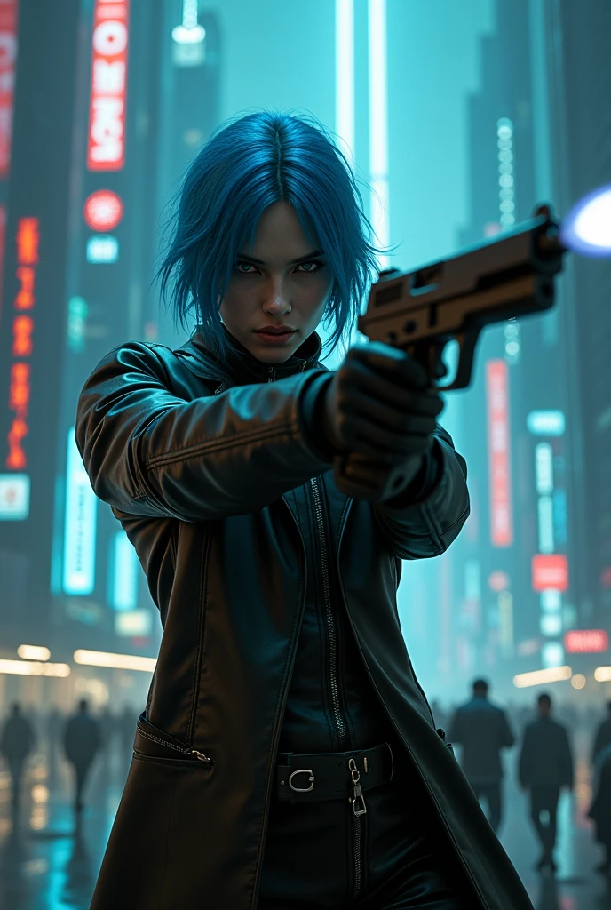 CYBERPUNK,EDGERUNNERS,blue hair, woman holding a gun in a city with a skyscraper in the background, trinity from the matrix, trinity the matrix, in the new matrix movie, dramatic wielding gun pose, neo from the matrix, from matrix(1999), from matrix ( 1 9 9 9 ), matrix), matrix ), agents from the matrix movie, matrix movie color grading