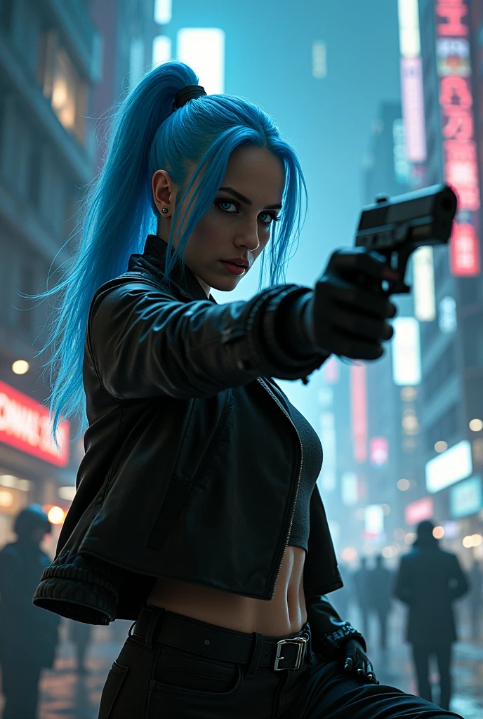 CYBERPUNK,EDGERUNNERS,blue hair, woman holding a gun in a city with a skyscraper in the background, trinity from the matrix, trinity the matrix, in the new matrix movie, dramatic wielding gun pose, neo from the matrix, from matrix(1999), from matrix ( 1 9 9 9 ), matrix), matrix ), agents from the matrix movie, matrix movie color grading