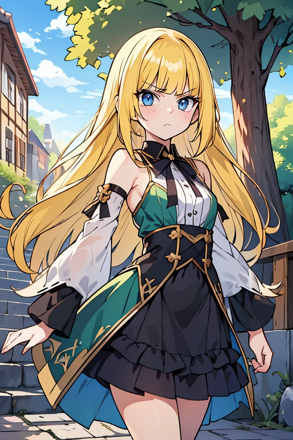 fairy_tail_style, Safe for work, solo girl, (young female body:1.4), (medium small breasts), golden yellow hair, extra long hair, extra long disheveled yellow hair, hime cut, light blue eyes, round eyes, cowboy shot, dynamic posing, medieval town background, standing beside fountain, cobble pathway , trees and bushes, dark green outfit, black details, green amd black griffin style dress, dark green dress, stockings, detached sleeves, black ribbons in hair, multiple layered skirt, ruffled black skirt, cut off sleeves