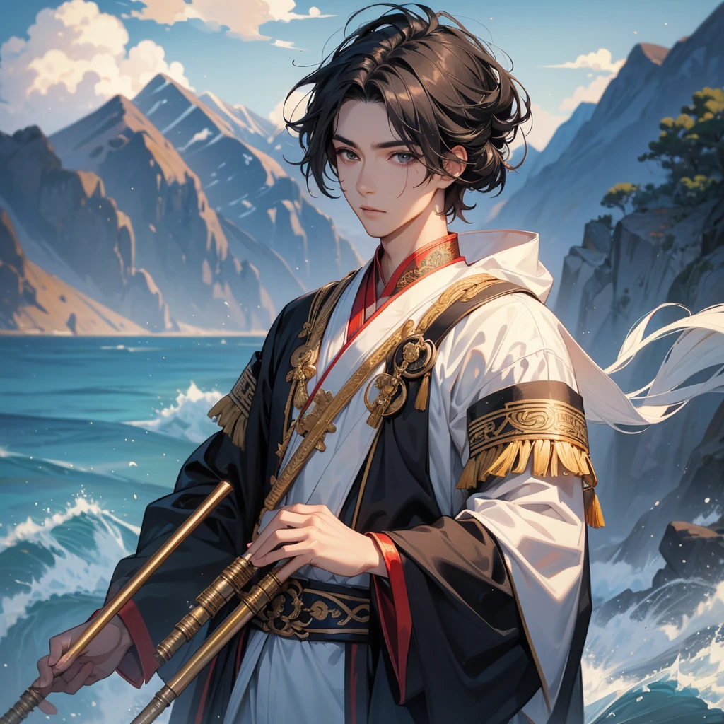 Handsome black-haired male in ancient Chinese costume, close up, Playing a flute, background is the mountains and the sea, low cloud.