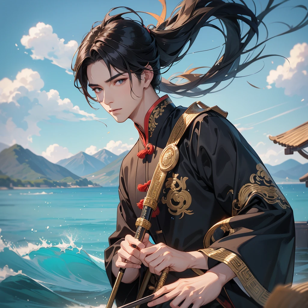 Handsome black-haired male in ancient Chinese costume, close up, Playing a flute, background is the mountains and the sea, low cloud.