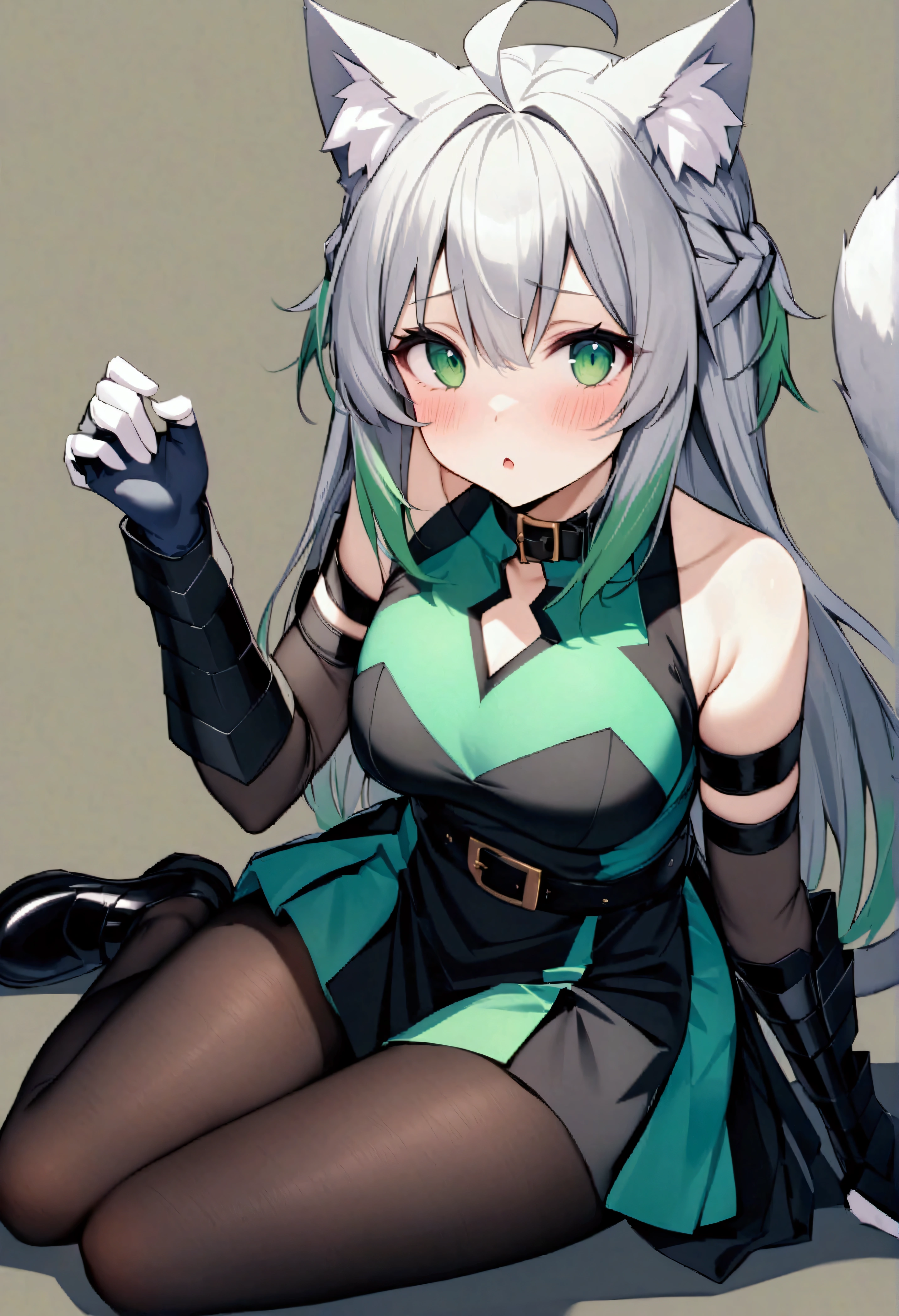 score_9、score_8_up、score_7_up、score_6_up、score_5_up、score_4_up、source_アニメ、1 person、solo、Atalanta、Green Eyes、Long narrow eyes、Grey Hair、Long Hair、Ahoge、Animal Ears、Cat ear、Cat tail、Belt collar、Black color、Black Dress、Bare shoulders、Removable sleeves、Gauntlet、Black Pantyhose、Black footwear、masterpiece、Highest quality、very beautiful、Absurd、