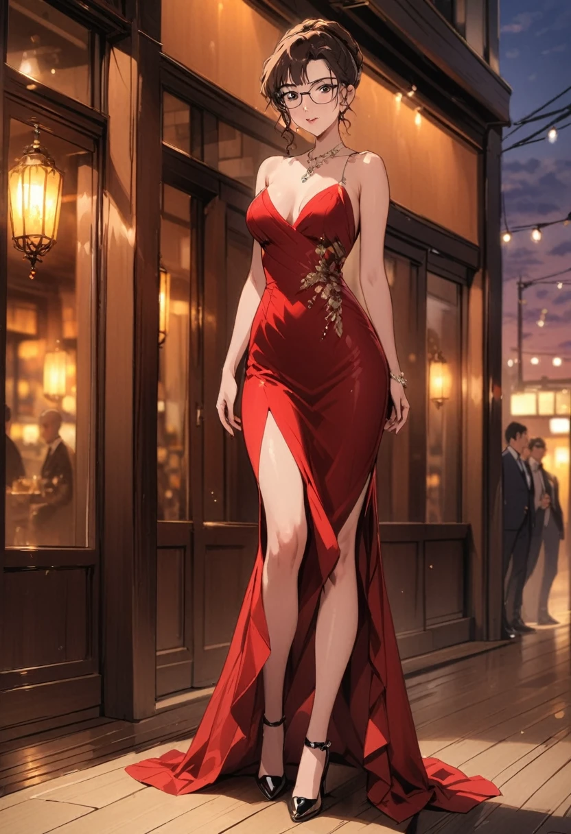 Gorgeous evening dress,Formal occasions,a beautiful woman with brown hair, (solo:1.4),perfect body,(highest quality,masterpiece:1.4),full body,with glasses