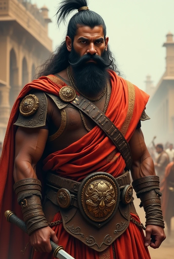 "A Rajput warrior with large, impressive mustaches and a face resembling that of a lion."